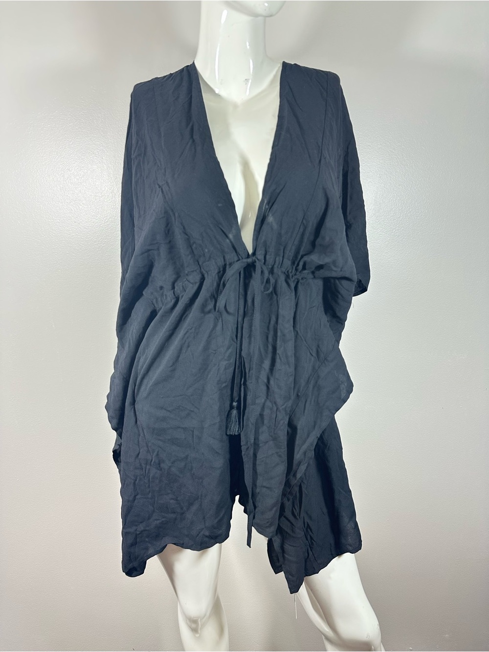 NWT Aqua Eve Size Small Women’s  Black Coverup Dolman 3/4 Sleeve Waist String